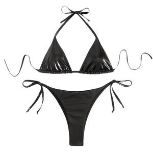 Shiny Black String Bikini Swimsuit Women’s Size L Sexy Cheeky Side Tie
